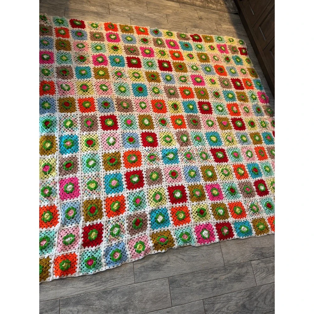 Crochet Granny Square Blanket Quilt Floral Retro Afghan Rainbow Throw Handmade